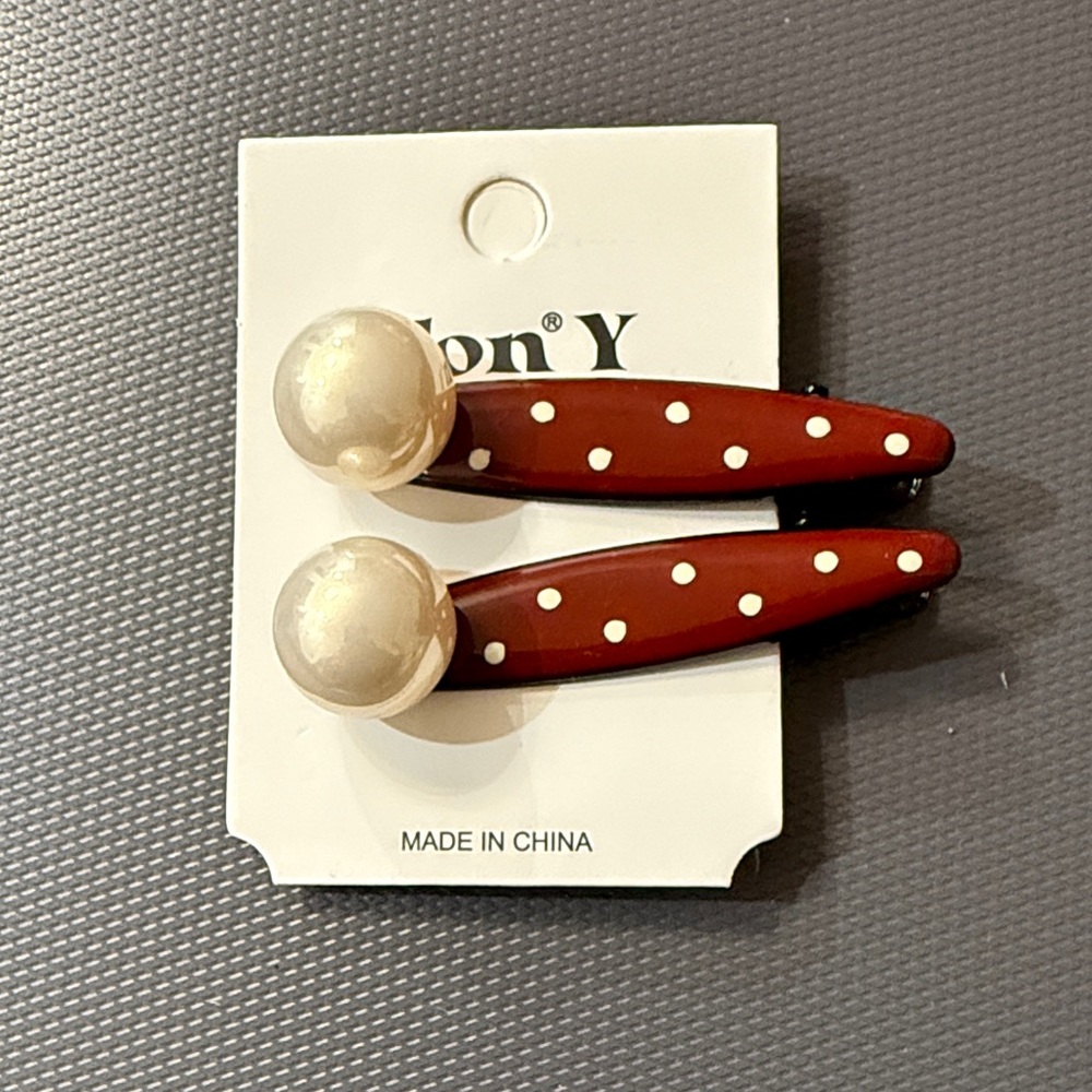 Red Polka Dot Hair Clips with Pearl Accents
